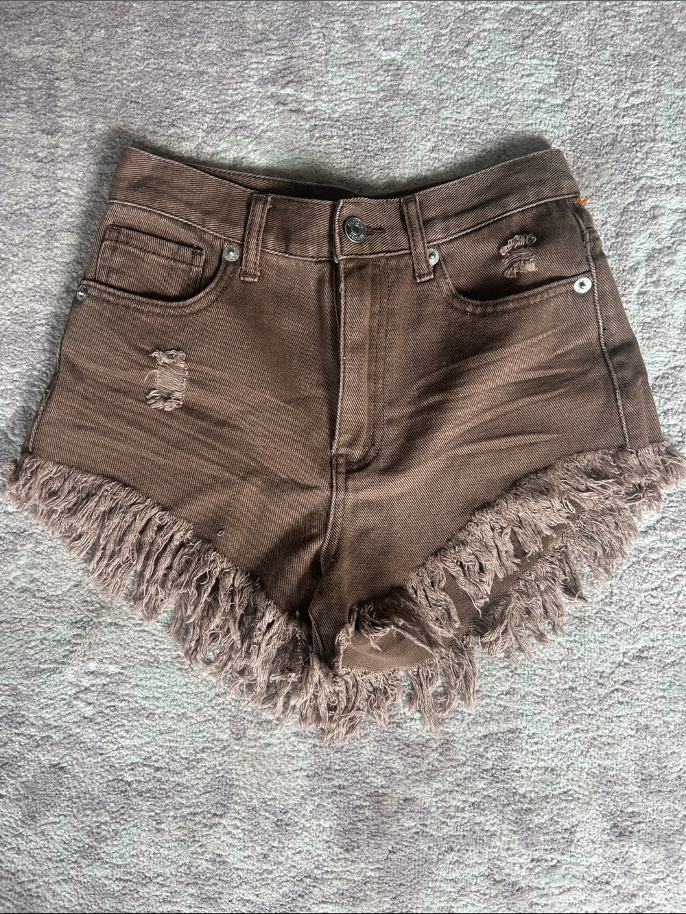 High-Rise Brown Denim Fringe Hem Shorts